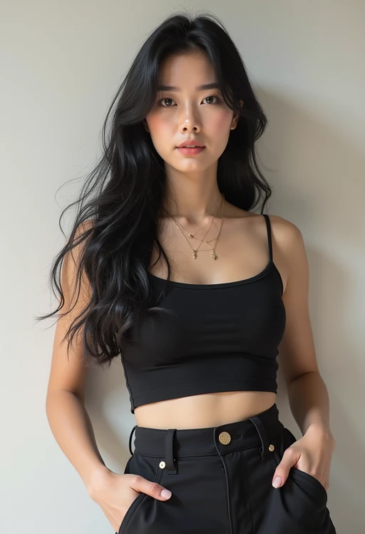 Korean model (with black hair) (as korean kpop k-pop idol) posing for photo, wearing Korean clothes, Korean fashion, Korean fashion, Korean makeup, (in front of solid background)