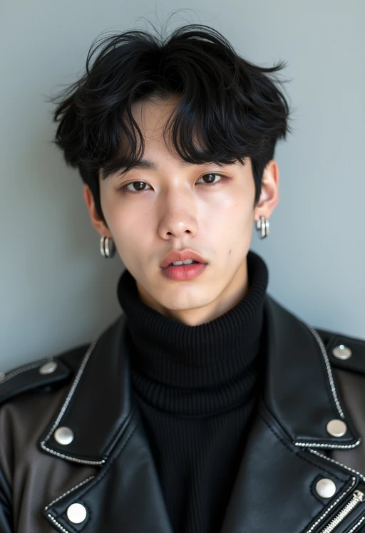 Korean model (with black hair) (as korean kpop k-pop idol) posing for photo, wearing Korean clothes, Korean fashion, Korean fashion, Korean makeup, (in front of solid background)