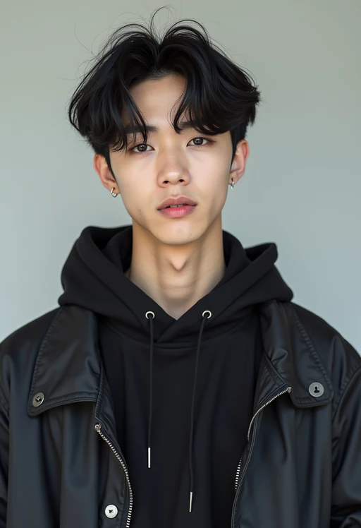 Korean model (with black hair) (as korean kpop k-pop idol) posing for photo, wearing Korean clothes, Korean fashion, Korean fashion, Korean makeup, (in front of solid background)