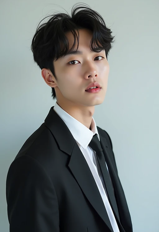 Korean model (with black hair) (as korean kpop k-pop idol) posing for photo, wearing Korean clothes, Korean fashion, Korean fashion, Korean makeup, (in front of solid background)