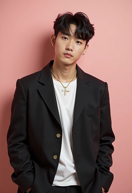 Korean model (with black hair) (as korean kpop k-pop idol) posing for photo, wearing Korean clothes, Korean fashion, Korean fashion, Korean makeup, (in front of solid background)