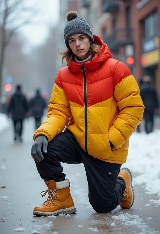 model wearing gorpcore aesthetic, functional outdoor clothing, bright colored puffer jacket, moonboots, beanie, white wool socks, outerwear, posing for photo in the street