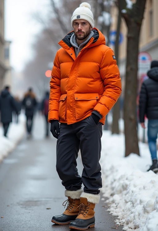 model wearing gorpcore aesthetic, functional outdoor clothing, bright colored puffer jacket, moonboots, beanie, white wool socks, outerwear, posing for photo in the street