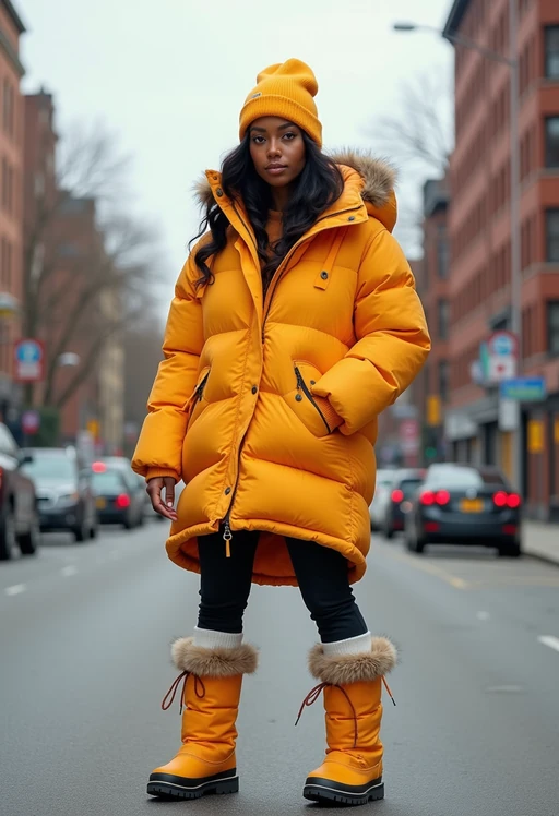 model wearing gorpcore aesthetic, functional outdoor clothing, bright colored puffer jacket, moonboots, beanie, white wool socks, outerwear, posing for photo in the street