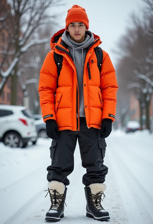 model wearing gorpcore aesthetic, functional outdoor clothing, bright colored puffer jacket, moonboots, beanie, white wool socks, outerwear, posing for photo in the street