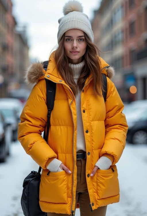model wearing gorpcore aesthetic, functional outdoor clothing, bright colored puffer jacket, moonboots, beanie, white wool socks, outerwear, posing for photo in the street