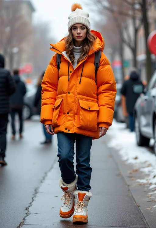 model wearing gorpcore aesthetic, functional outdoor clothing, bright colored puffer jacket, moonboots, beanie, white wool socks, outerwear, posing for photo in the street