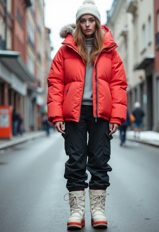 model wearing gorpcore aesthetic, functional outdoor clothing, bright colored puffer jacket, moonboots, beanie, white wool socks, outerwear, posing for photo in the street