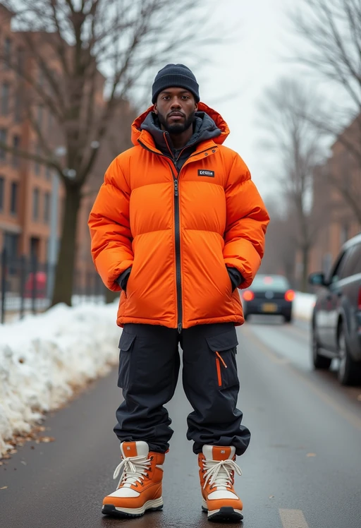 model wearing gorpcore aesthetic, functional outdoor clothing, bright colored puffer jacket, moonboots, beanie, white wool socks, outerwear, posing for photo in the street