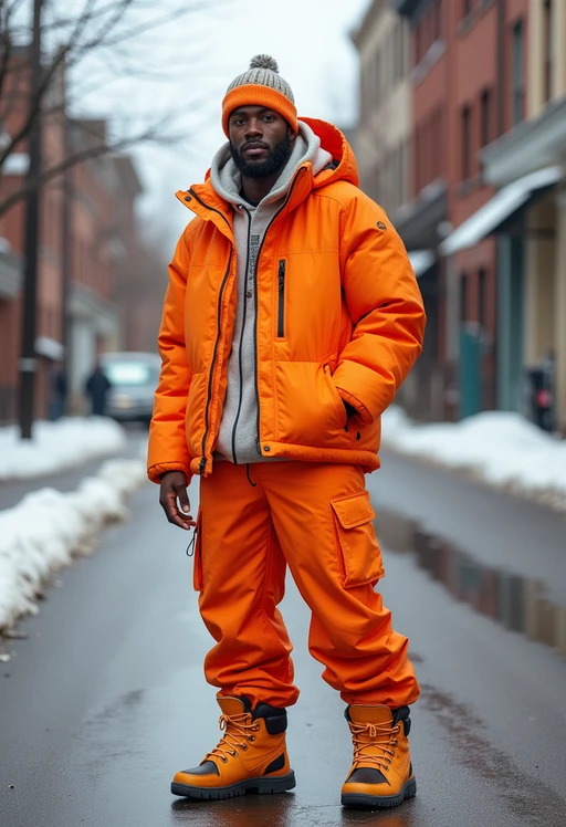 model wearing gorpcore aesthetic, functional outdoor clothing, bright colored puffer jacket, moonboots, beanie, white wool socks, outerwear, posing for photo in the street