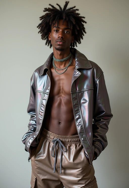 model wearing Y2K aesthetic, 2000s fashion, aughts style, noughties style, grunge or 2000s style, oversized washed out style, baggy pants, low rise pants or cargo pants, crop top, Choker, Metallic, iridescent fabrics, posing for photo
