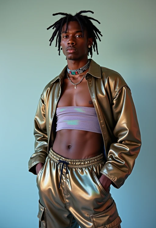 model wearing Y2K aesthetic, 2000s fashion, aughts style, noughties style, grunge or 2000s style, oversized washed out style, baggy pants, low rise pants or cargo pants, crop top, Choker, Metallic, iridescent fabrics, posing for photo