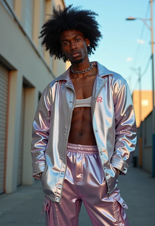 model wearing Y2K aesthetic, 2000s fashion, aughts style, noughties style, grunge or 2000s style, oversized washed out style, baggy pants, low rise pants or cargo pants, crop top, Choker, Metallic, iridescent fabrics, posing for photo