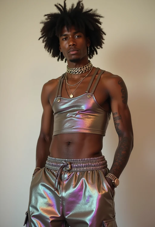 model wearing Y2K aesthetic, 2000s fashion, aughts style, noughties style, grunge or 2000s style, oversized washed out style, baggy pants, low rise pants or cargo pants, crop top, Choker, Metallic, iridescent fabrics, posing for photo