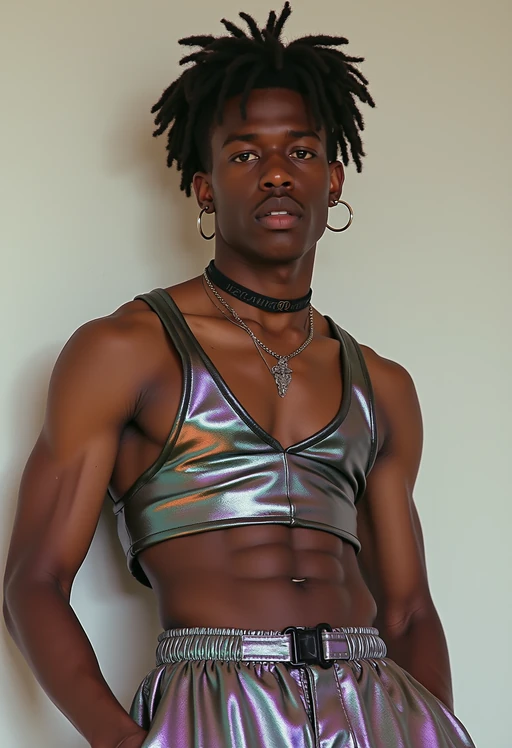 model wearing Y2K aesthetic, 2000s fashion, aughts style, noughties style, grunge or 2000s style, oversized washed out style, baggy pants, low rise pants or cargo pants, crop top, Choker, Metallic, iridescent fabrics, posing for photo