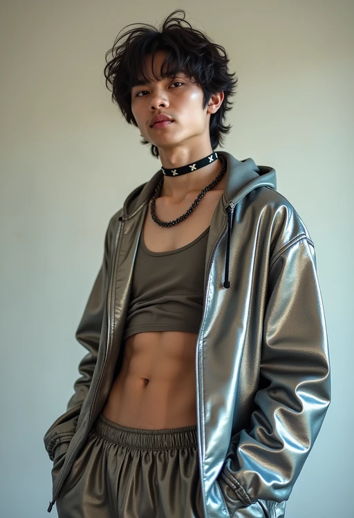 model wearing Y2K aesthetic, 2000s fashion, aughts style, noughties style, grunge or 2000s style, oversized washed out style, baggy pants, low rise pants or cargo pants, crop top, Choker, Metallic, iridescent fabrics, posing for photo