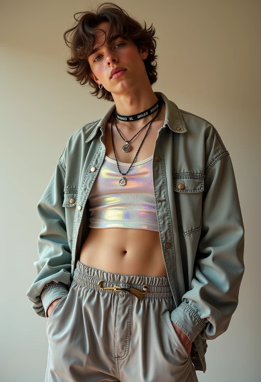 model wearing Y2K aesthetic, 2000s fashion, aughts style, noughties style, grunge or 2000s style, oversized washed out style, baggy pants, low rise pants or cargo pants, crop top, Choker, Metallic, iridescent fabrics, posing for photo