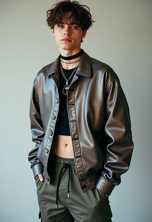model wearing Y2K aesthetic, 2000s fashion, aughts style, noughties style, grunge or 2000s style, oversized washed out style, baggy pants, low rise pants or cargo pants, crop top, Choker, Metallic, iridescent fabrics, posing for photo
