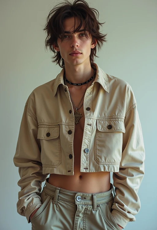 model wearing Y2K aesthetic, 2000s fashion, aughts style, noughties style, grunge or 2000s style, oversized washed out style, baggy pants, low rise pants or cargo pants, crop top, Choker, Metallic, iridescent fabrics, posing for photo