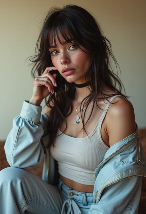 model wearing Y2K aesthetic, 2000s fashion, aughts style, noughties style, grunge or 2000s style, oversized washed out style, baggy pants, low rise pants or cargo pants, crop top, Choker, Metallic, iridescent fabrics, posing for photo