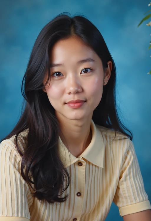 (school portrait) photo headshot of a young 18 y o model in 1990s style, nineties style, 90s, 1990s fashion, 1990s hair, school, model is sitting and posing for a (yearbook) picture, blue yearbook background, official school yearbook photo, model sitting (looking straight into camera), (school shoot), (inside), blue yearbook background