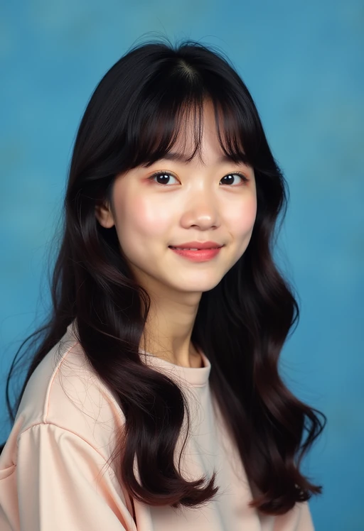 (school portrait) photo headshot of a young 18 y o model in 1990s style, nineties style, 90s, 1990s fashion, 1990s hair, school, model is sitting and posing for a (yearbook) picture, blue yearbook background, official school yearbook photo, model sitting (looking straight into camera), (school shoot), (inside), blue yearbook background