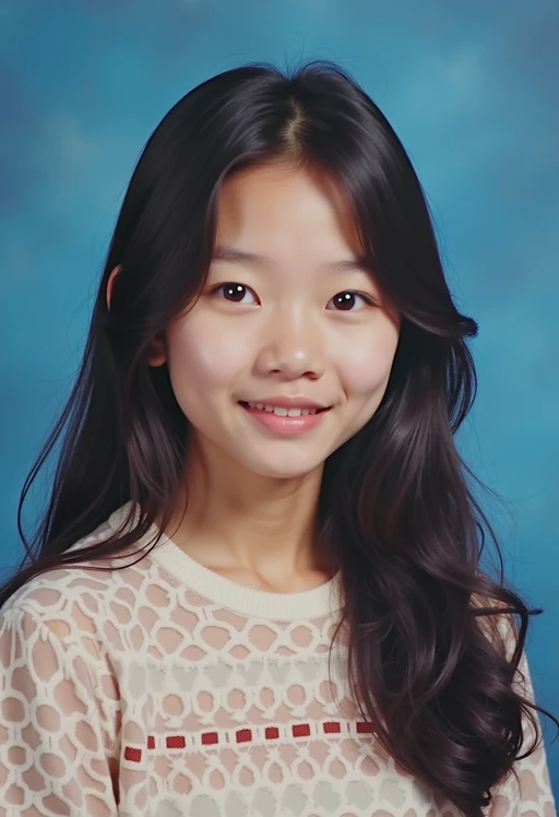 (school portrait) photo headshot of a young 18 y o model in 1990s style, nineties style, 90s, 1990s fashion, 1990s hair, school, model is sitting and posing for a (yearbook) picture, blue yearbook background, official school yearbook photo, model sitting (looking straight into camera), (school shoot), (inside), blue yearbook background