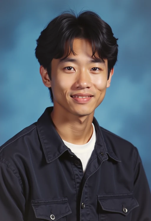 (school portrait) photo headshot of a young 18 y o model in 1990s style, nineties style, 90s, 1990s fashion, 1990s hair, school, model is sitting and posing for a (yearbook) picture, blue yearbook background, official school yearbook photo, model sitting (looking straight into camera), (school shoot), (inside), blue yearbook background