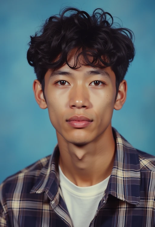 (school portrait) photo headshot of a young 18 y o model in 1990s style, nineties style, 90s, 1990s fashion, 1990s hair, school, model is sitting and posing for a (yearbook) picture, blue yearbook background, official school yearbook photo, model sitting (looking straight into camera), (school shoot), (inside), blue yearbook background