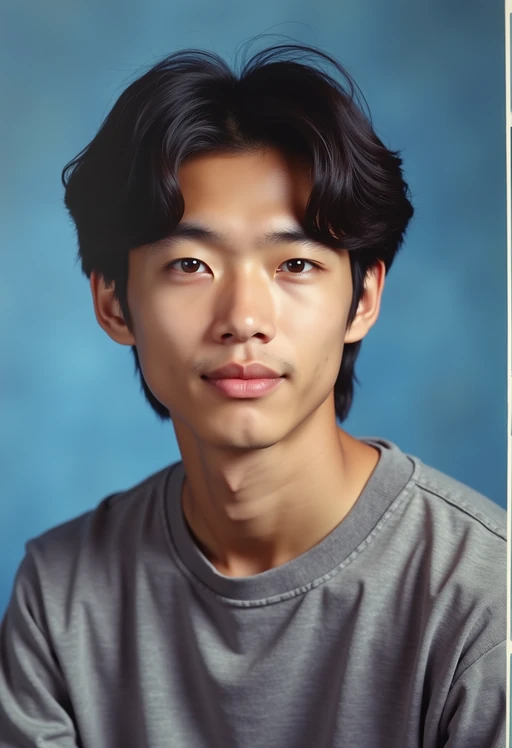 (school portrait) photo headshot of a young 18 y o model in 1990s style, nineties style, 90s, 1990s fashion, 1990s hair, school, model is sitting and posing for a (yearbook) picture, blue yearbook background, official school yearbook photo, model sitting (looking straight into camera), (school shoot), (inside), blue yearbook background