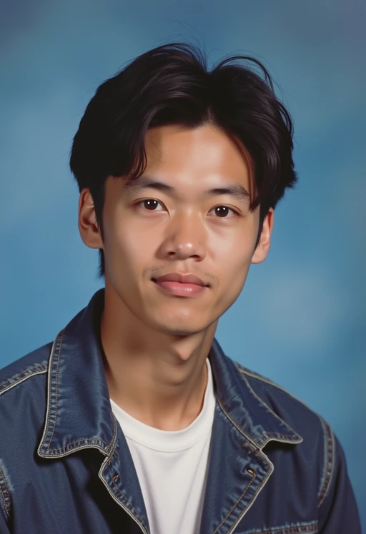 (school portrait) photo headshot of a young 18 y o model in 1990s style, nineties style, 90s, 1990s fashion, 1990s hair, school, model is sitting and posing for a (yearbook) picture, blue yearbook background, official school yearbook photo, model sitting (looking straight into camera), (school shoot), (inside), blue yearbook background