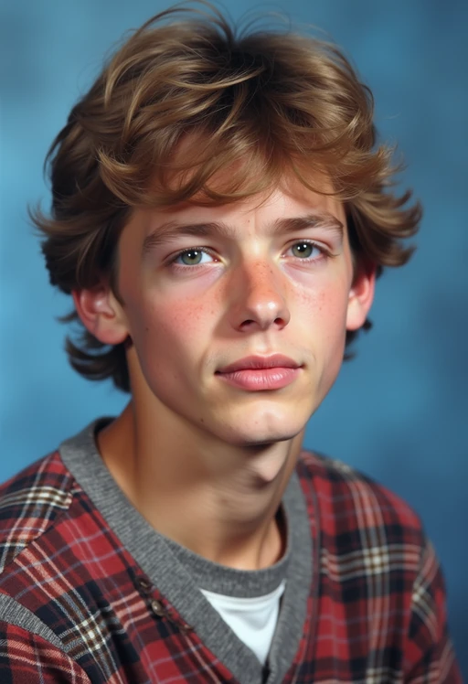 (school portrait) photo headshot of a young 18 y o model in 1990s style, nineties style, 90s, 1990s fashion, 1990s hair, school, model is sitting and posing for a (yearbook) picture, blue yearbook background, official school yearbook photo, model sitting (looking straight into camera), (school shoot), (inside), blue yearbook background