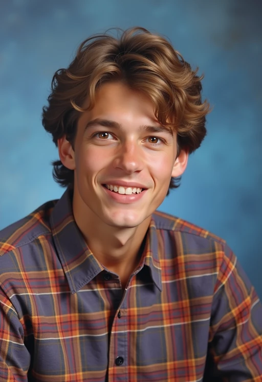 (school portrait) photo headshot of a young 18 y o model in 1990s style, nineties style, 90s, 1990s fashion, 1990s hair, school, model is sitting and posing for a (yearbook) picture, blue yearbook background, official school yearbook photo, model sitting (looking straight into camera), (school shoot), (inside), blue yearbook background