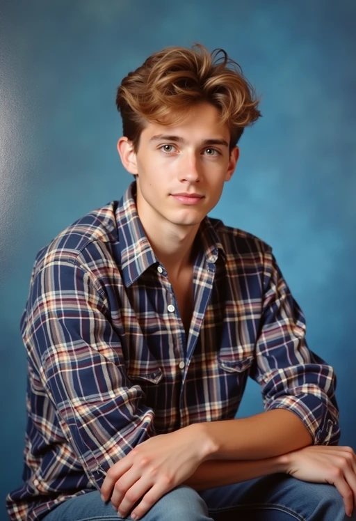 (school portrait) photo headshot of a young 18 y o model in 1990s style, nineties style, 90s, 1990s fashion, 1990s hair, school, model is sitting and posing for a (yearbook) picture, blue yearbook background, official school yearbook photo, model sitting (looking straight into camera), (school shoot), (inside), blue yearbook background