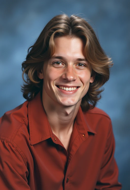 (school portrait) photo headshot of a young 18 y o model in 1990s style, nineties style, 90s, 1990s fashion, 1990s hair, school, model is sitting and posing for a (yearbook) picture, blue yearbook background, official school yearbook photo, model sitting (looking straight into camera), (school shoot), (inside), blue yearbook background