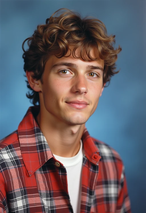 (school portrait) photo headshot of a young 18 y o model in 1990s style, nineties style, 90s, 1990s fashion, 1990s hair, school, model is sitting and posing for a (yearbook) picture, blue yearbook background, official school yearbook photo, model sitting (looking straight into camera), (school shoot), (inside), blue yearbook background