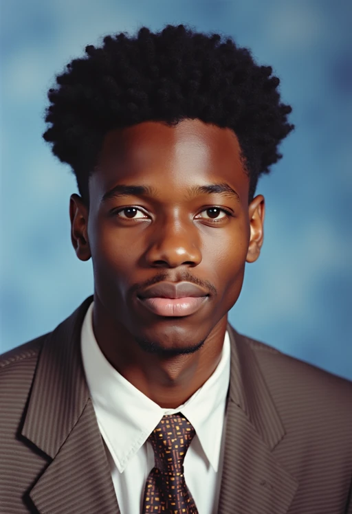 (school portrait) photo headshot of a young 18 y o model in 1990s style, nineties style, 90s, 1990s fashion, 1990s hair, school, model is sitting and posing for a (yearbook) picture, blue yearbook background, official school yearbook photo, model sitting (looking straight into camera), (school shoot), (inside), blue yearbook background