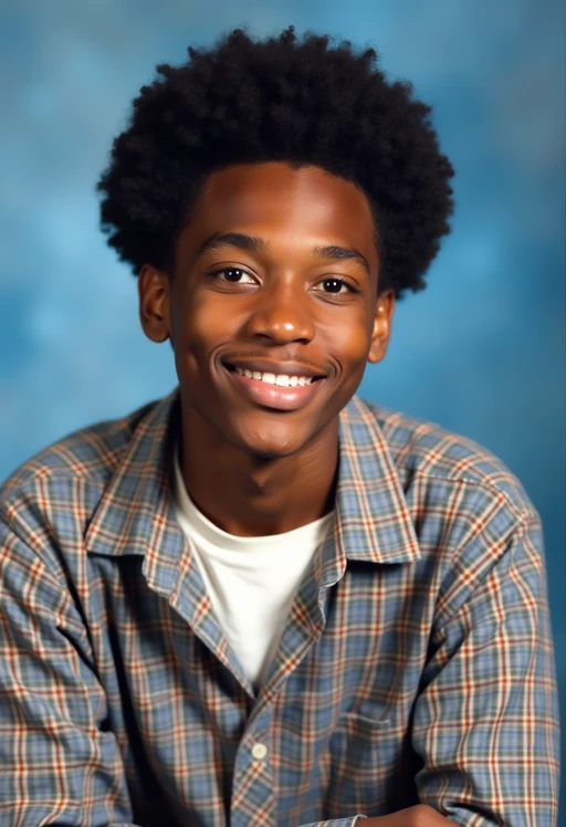 (school portrait) photo headshot of a young 18 y o model in 1990s style, nineties style, 90s, 1990s fashion, 1990s hair, school, model is sitting and posing for a (yearbook) picture, blue yearbook background, official school yearbook photo, model sitting (looking straight into camera), (school shoot), (inside), blue yearbook background
