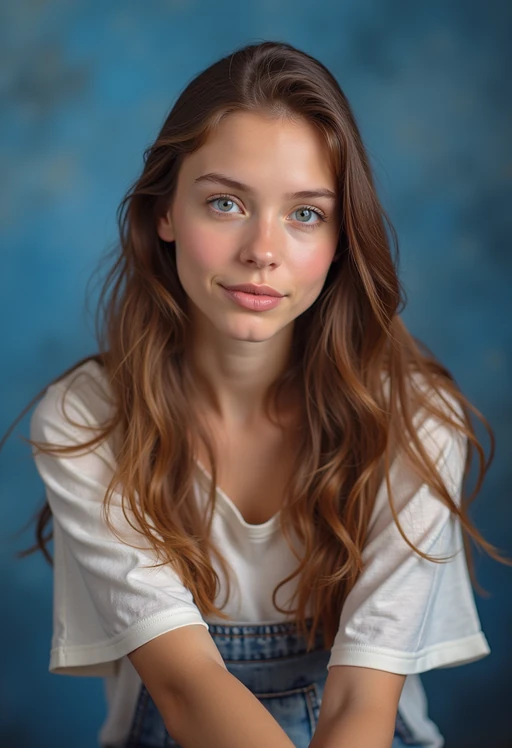 (school portrait) photo headshot of a young 18 y o model in 1990s style, nineties style, 90s, 1990s fashion, 1990s hair, school, model is sitting and posing for a (yearbook) picture, blue yearbook background, official school yearbook photo, model sitting (looking straight into camera), (school shoot), (inside), blue yearbook background