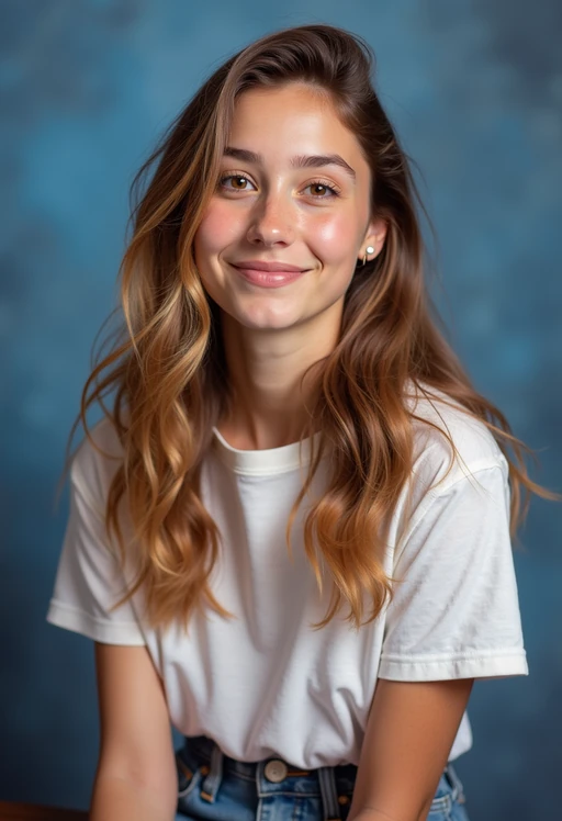 (school portrait) photo headshot of a young 18 y o model in 1990s style, nineties style, 90s, 1990s fashion, 1990s hair, school, model is sitting and posing for a (yearbook) picture, blue yearbook background, official school yearbook photo, model sitting (looking straight into camera), (school shoot), (inside), blue yearbook background