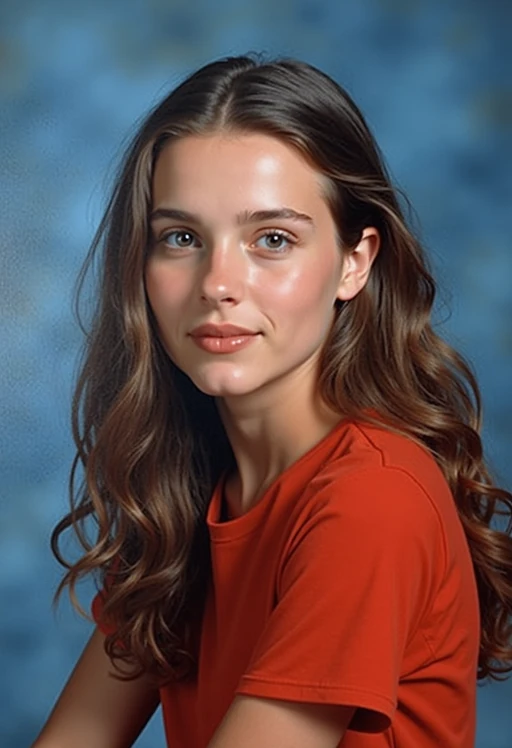 (school portrait) photo headshot of a young 18 y o model in 1990s style, nineties style, 90s, 1990s fashion, 1990s hair, school, model is sitting and posing for a (yearbook) picture, blue yearbook background, official school yearbook photo, model sitting (looking straight into camera), (school shoot), (inside), blue yearbook background