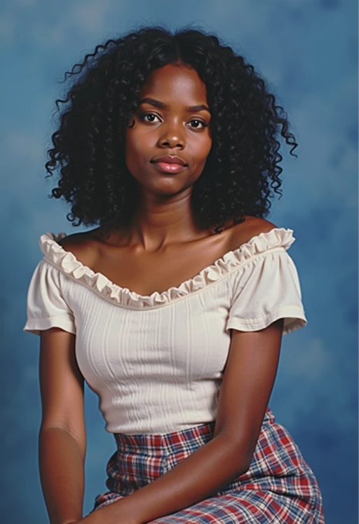 (school portrait) photo headshot of a young 18 y o model in 1990s style, nineties style, 90s, 1990s fashion, 1990s hair, school, model is sitting and posing for a (yearbook) picture, blue yearbook background, official school yearbook photo, model sitting (looking straight into camera), (school shoot), (inside), blue yearbook background