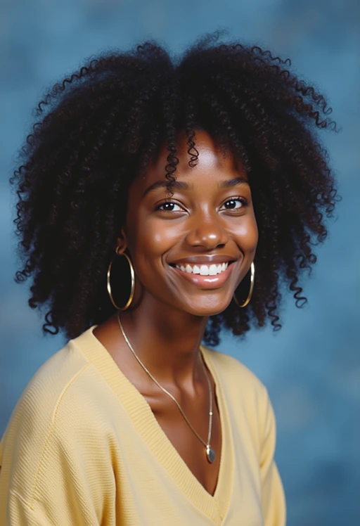 (school portrait) photo headshot of a young 18 y o model in 1990s style, nineties style, 90s, 1990s fashion, 1990s hair, school, model is sitting and posing for a (yearbook) picture, blue yearbook background, official school yearbook photo, model sitting (looking straight into camera), (school shoot), (inside), blue yearbook background