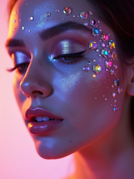 close-up of Artistic makeup with face jewels and iridescent highlighter, captured under a UV light for a glowing effect. set against a soft, pastel background