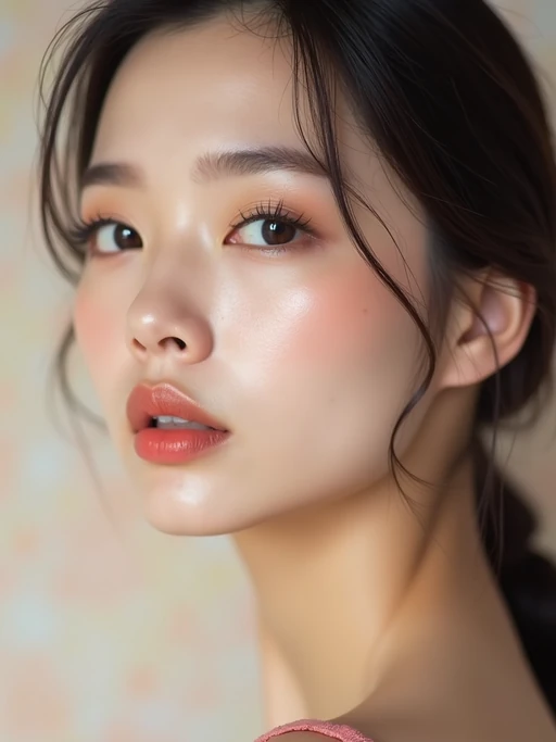 close-up of Beauty shot of model featuring dewy skin, natural makeup look with nude lips and fluttery lashes. set against a soft, pastel background