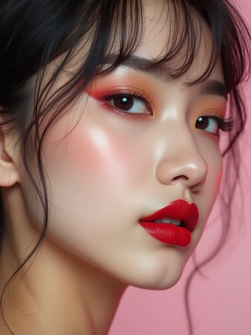 close up of model with a bold red lipstick and smokey eye makeup. set against a soft, pastel background