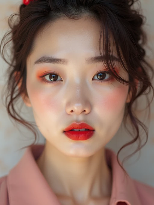 close up of model with a bold red lipstick and smokey eye makeup. set against a soft, pastel background