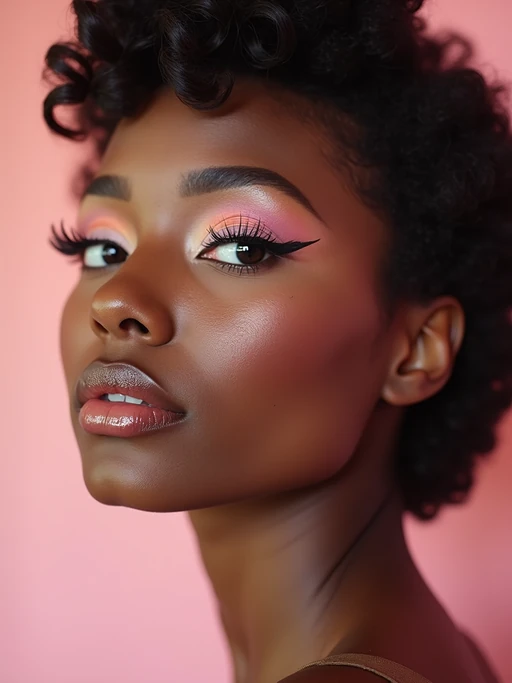 close-up of Model with a retro 60s makeup vibe, featuring thick eyeliner and pastel eyeshadow, paired with a vintage hairstyle. set against a soft, pastel background