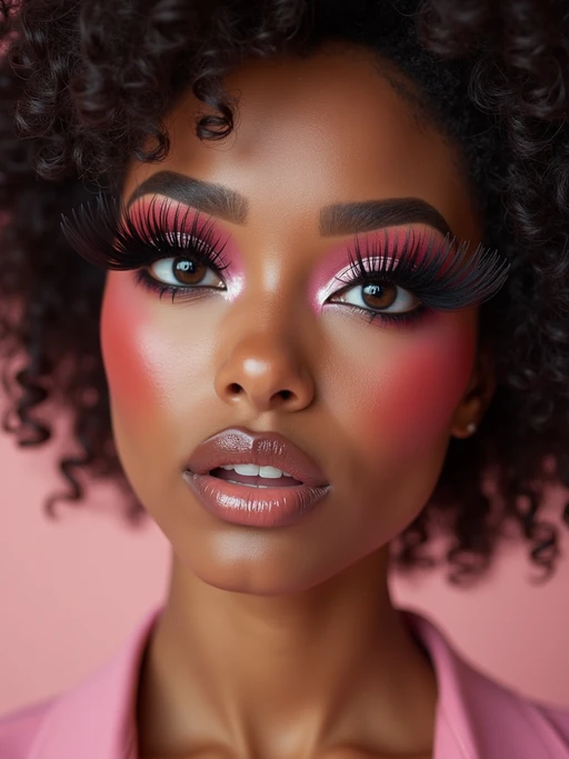 close-up of model showcasing an Korean-style manga makeup look on model, featuring oversized, dramatically long eyelashes that create a wide-eyed, whimsical appearance. The look is completed with bold, graphic eyeliner and a subtle blush to enhance the youthful and playful vibe. set against a soft, pastel background