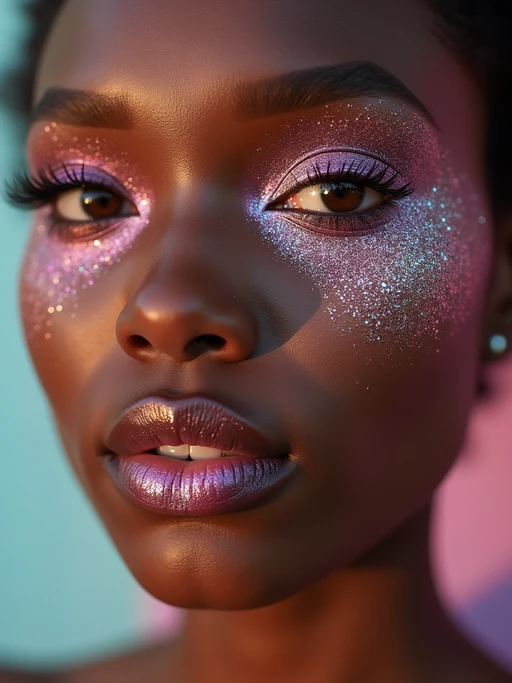 close-up of model with glittery eye shadow and high-shine gloss, set against a soft, pastel background